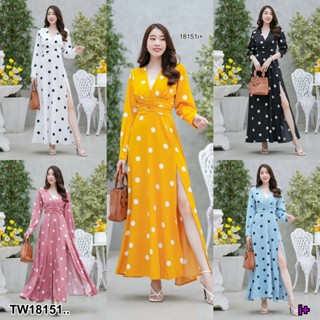 MM18151 แม็กซี่เดรสยาว แขนยาวลายจุด Long sleeve maxi dress with polka dots..