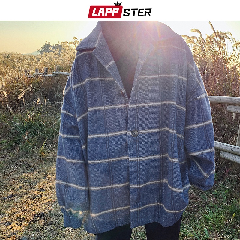 LAPPSTER Men Korean Style Plaid Overcoat 2022 Overcoat Wool Mens Streetwear Windbreaker Harajuku Fashions Oversize Jacke #1