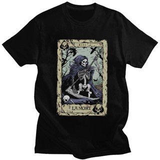 เสื้อยืดแขนสั้น พิมพ์ลายโครงกระดูก Death Tarot แฟชั่นสําหรับผู้ชาย