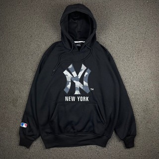 เสื้อกันหนาว มีฮู้ด ลายโลโก้ MLB NY YANKEES สีดํา