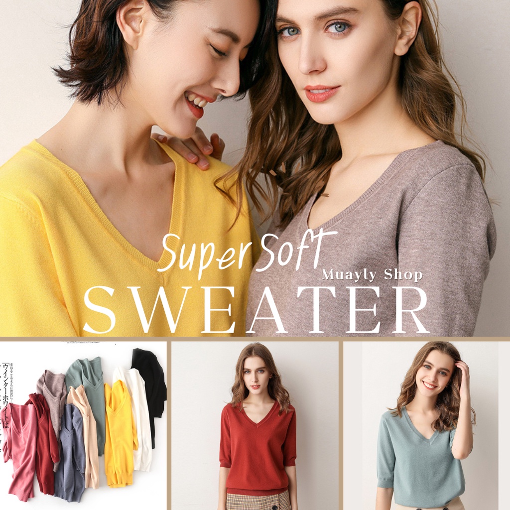 💥พร้อมส่ง🌈12สีไซต์ M-2XL🔥 เสื้อสเวตเตอร์ ไหมพรม [คอวี-แขนสั้น] เสื้อกันหนาว สไตล์ญี่ปุ่น ผ้านุ่มมาก sweater GREAT BKK