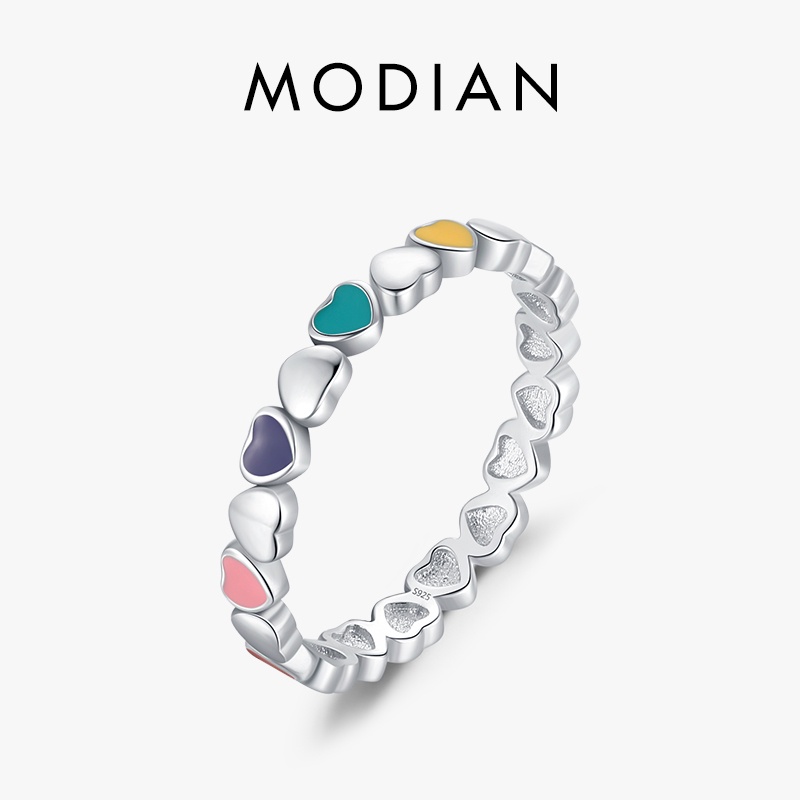 Modian 925 เงินสเตอร์ลิง Multicolor Enamel Hearts แหวนนิ้วมือ Simple Stackable อินเทรนด์ Original เครื่องประดับสําหรับผู้หญิงของขวัญ