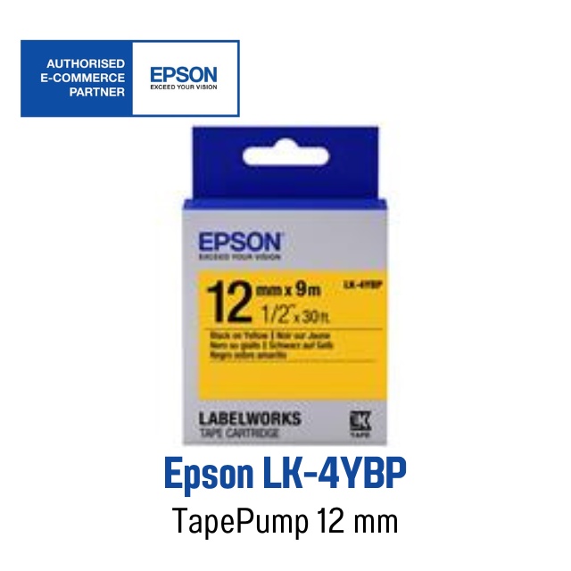 EPSON Tape 12 mm. Black On Yellow  เทปพิมพ์อักษร 12 มม. ดำพื้นเหลือง Epson LK-4YBP ของแท้