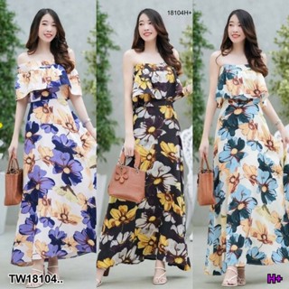 TT18104 เดรสยาว ปาดไหล่ ลายดอกใหญ่ .Long dress, off the shoulder, large floral pattern..