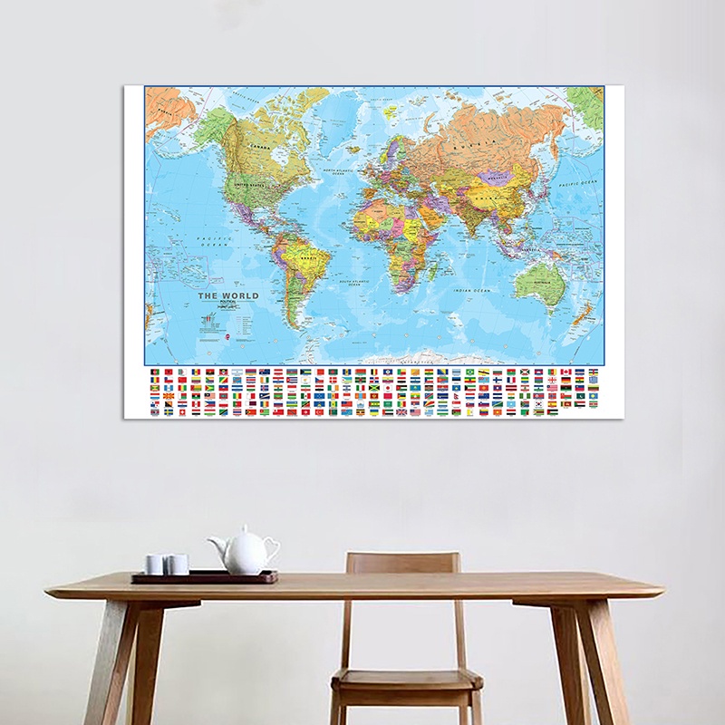 ดี แผนที่การเมืองโลกพร้อมธงประจําชาติ ภาพวาด Wall Art โปสเตอร์ Unframed Decor อุปกรณ์เพื่อการศึกษา