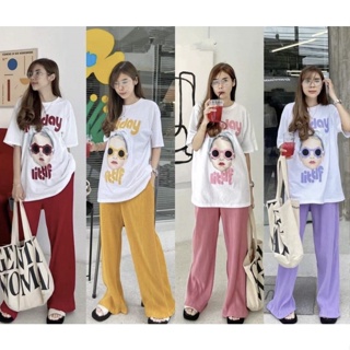 Set เซ็ท 2 ชิ้น เข้าชุด เสื้อยืดสกรีน ลายกราฟฟิก + กางเกงขายาว เอวยางยืด Holiday Littif Graphic printed trousers