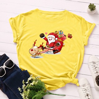 เสื้อยืด Santas Elk Printed Cotton Short-sleeved Women T-shirt Casual Soft Female T Shirt Women Christmas