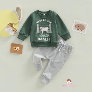 Innocence- ชุดเสื้อแขนยาว พิมพ์ลายแกะ สีเขียว และกางเกง สีเทา สําหรับเด็กผู้ชาย