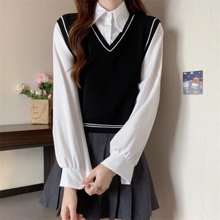 DODO*พร้อมส่ง‍🌺เสื้อเชิ้ตแขนยาวพร้อมเสื้อกั๊กเรียบหรูลุคคุณหนูสุดๆ ให้ฟีลนักเรียนเกาหลี สายเกาหลีเกาใจต้องตำ（03015-5）