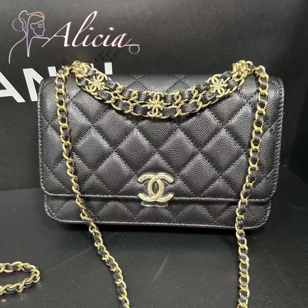 CHANEL WALLET ON CHAIN 22K Large Double Chain WOC Black Grained Calfskin Leather Flap Bag GHW Crossbody Bag AP3019