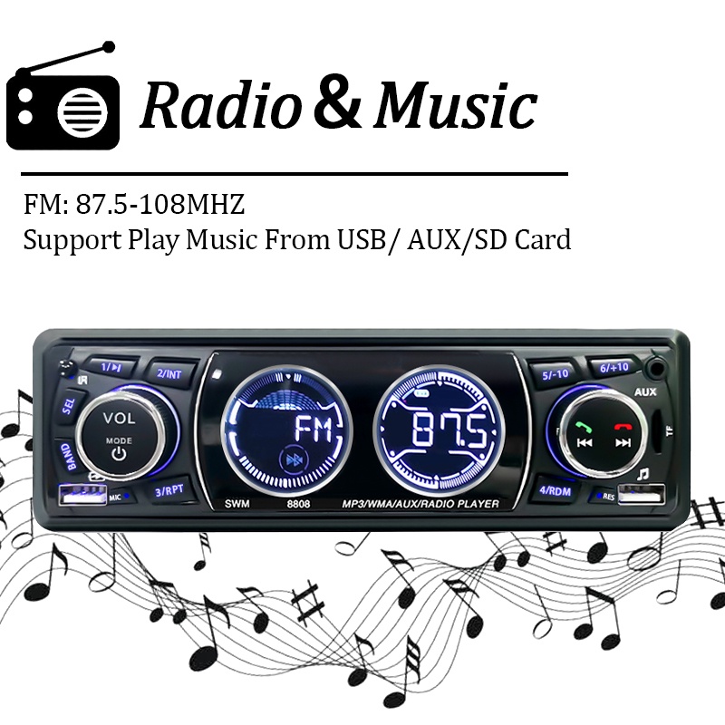 เครื่องเล่น MP3 วิทยุ FM บลูทูธ 1din รับสัญญาณ 60Wx4 รองรับการชาร์จโทรศัพท์ AUX USB TF Card In Dash Kit - รูปที่ 2