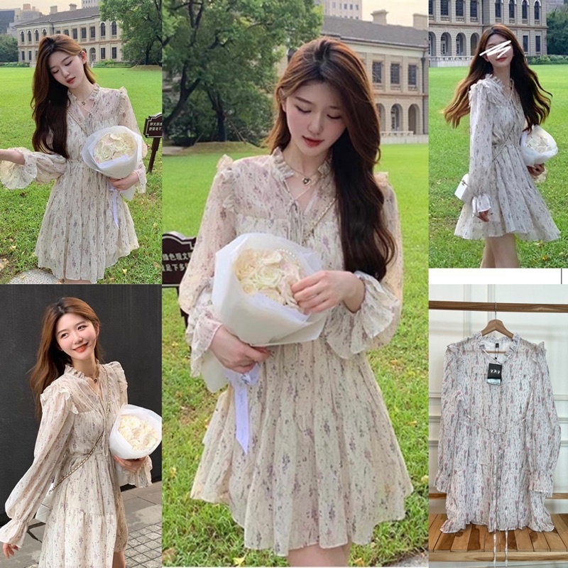 ชื่อรุ่น เดรสลายดอกคอระบายขาวครีมป้ายypy bbs