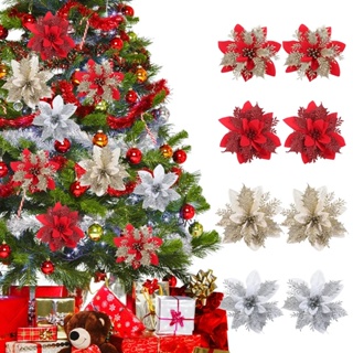 [Christmas Products][5/10Pcs Poinsettia  Glitter Artifical Christmas Flowers  Christmas Ornaments For Xmas Tree]