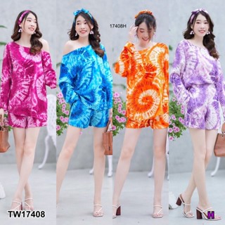 J17408 set 3 ชิ้น เสื้อปาดไหล่แขนยาวลายมัดย้อม + กางเกงขาสั้น + โบว์ผูกผม Off shoulder top + tie dye + shorts + hair bow