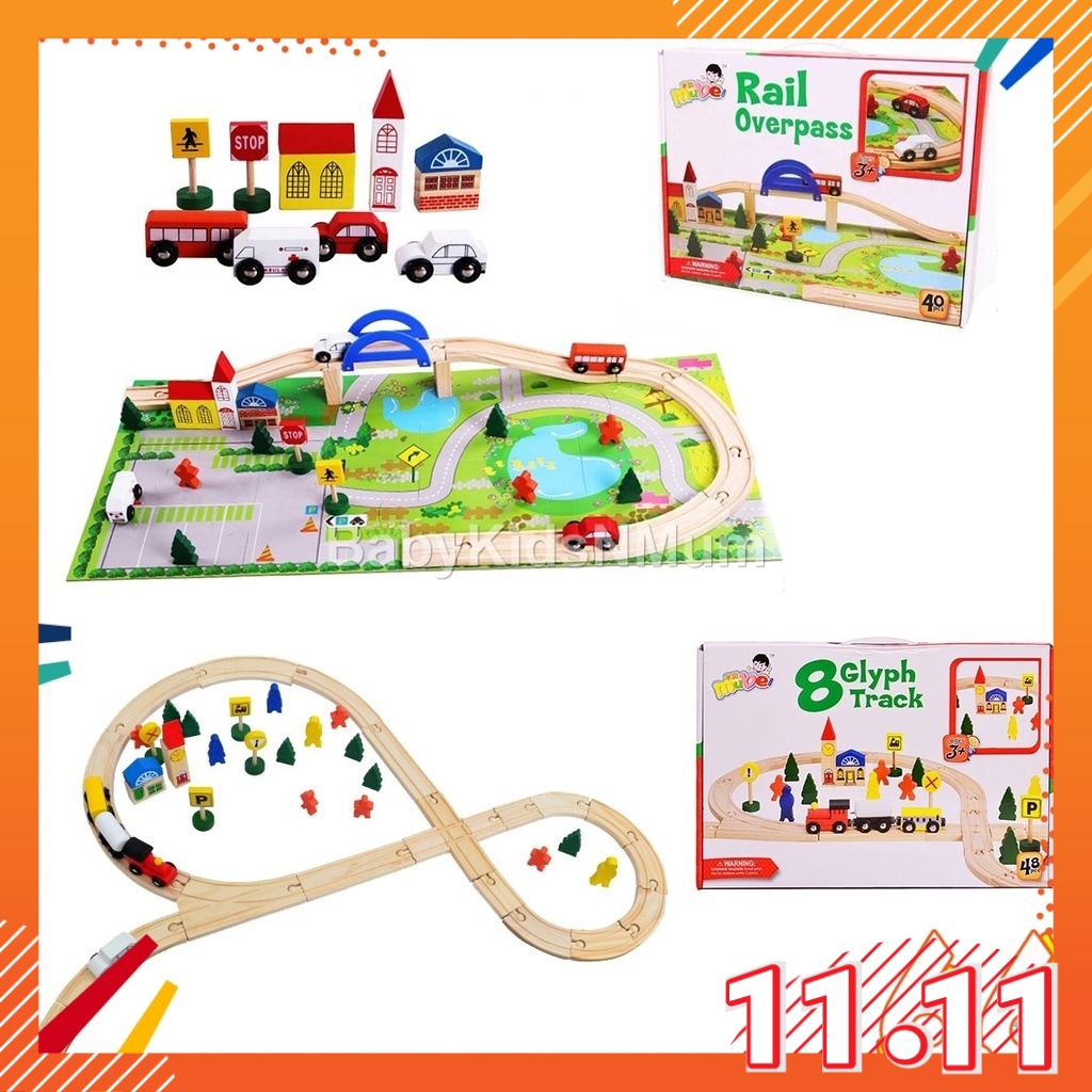 ไม้ Ramp Flyover Tracks รถรถไฟของเล่น Rail Overpass Scalable Building Blocks เกม Early Learning Mont