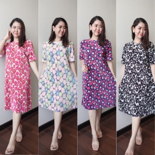 Marimekko dress เดรสแขนสั้นลายดอกมารีเมกโกะ Pleated Dress ชุดพลีทลายดอกไม้ ชุดเดรสลายดอก ชุดใส่เที่ยวทะเล ชุดสวย