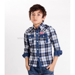 SH-061 เสื้อเชิ๊ตแขนยาว ลายสก็อตสีน้ำเงิน Size-140 (7-8Y)