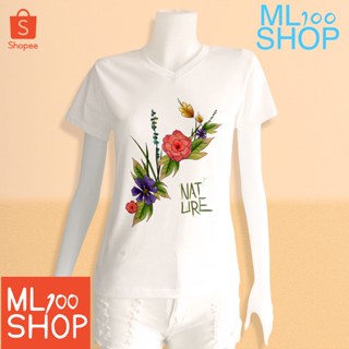 เสื้อยืดลายดอกไม้ Nature ผ้า TK พิมพ์ลายลงในเนื้อผ้า - ML100SHOP (คอวี)