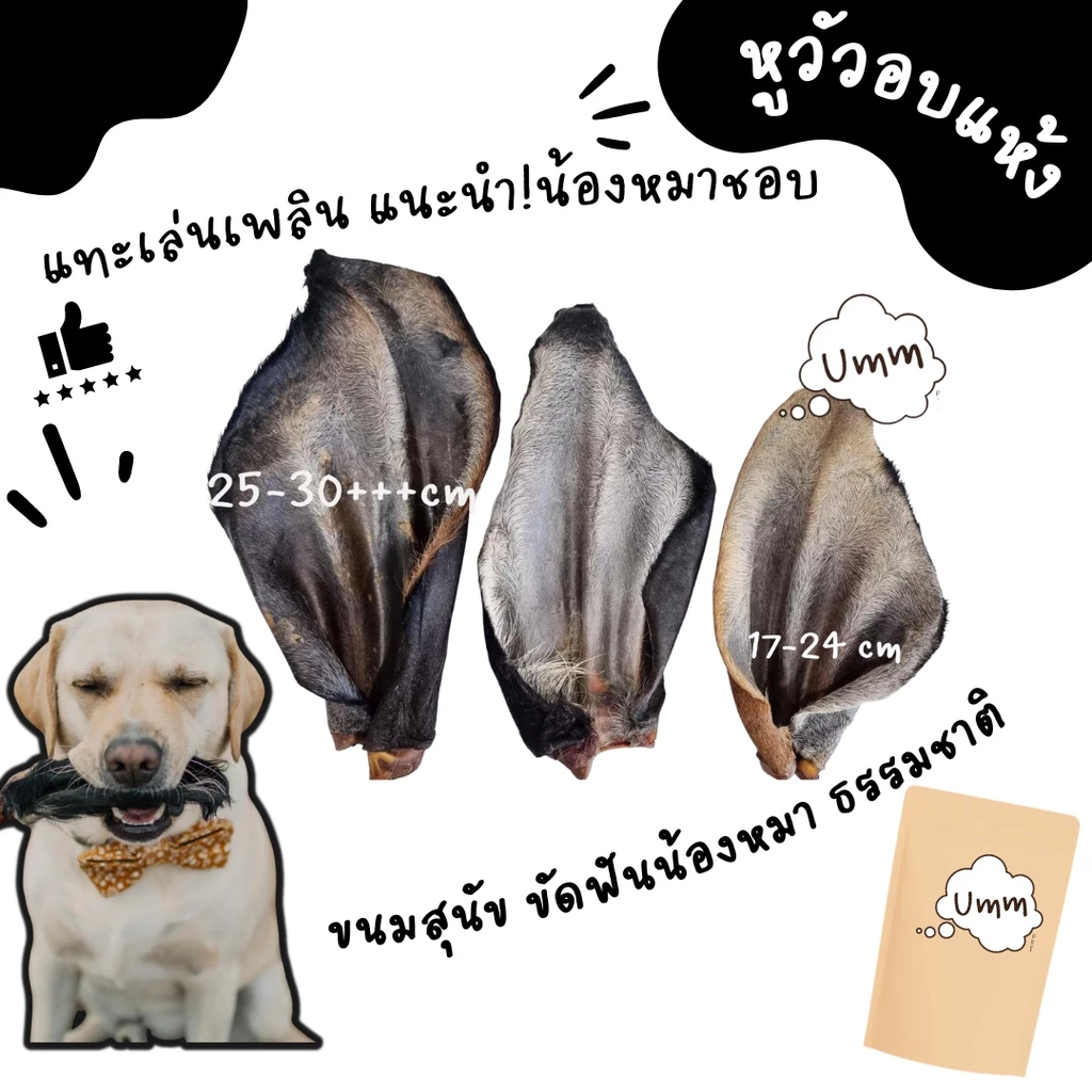 cow ears หูวัวอบแห้ง ขนมขัดฟันสุนัข แทนกระดูก ย่อยยได้ มีหลายไซส์ให้เลือก umm ขนมหมา