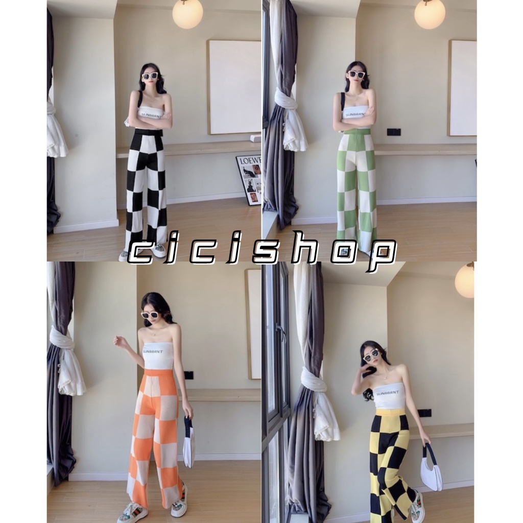 Cicishop(SALE/สุ่มสี 3044)กางเกงขายาวไหมพรมknitทอลายตาราง รุ่นฮิตสุดๆลุคสไตล์สาวคาเฟ่หรือแมตส์เสื้อยืดชิลๆ