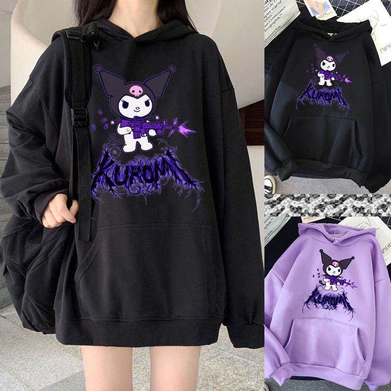 Kawaii Kuromi เสื้อกันหนาวมีฮู้ดพิมพ์ลายการ์ตูนสไตล์โกธิคสําหรับผู้หญิง