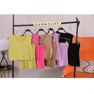 Cicishop(2097-1)ชุดเซตเสื้อครอป+กางเกงเอวสูงทรงbiker ผ้าไหมพรมknitทอร่องยืดได้เยอะ รุ่นมาแรง!