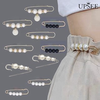 Upsee❤รูปดอกไม้ป้องกันการเปิดรับแสงผู้หญิงเข็มกลัดขาส่องแสง Rhinestone Faux ไข่มุกขาความปลอดภัย