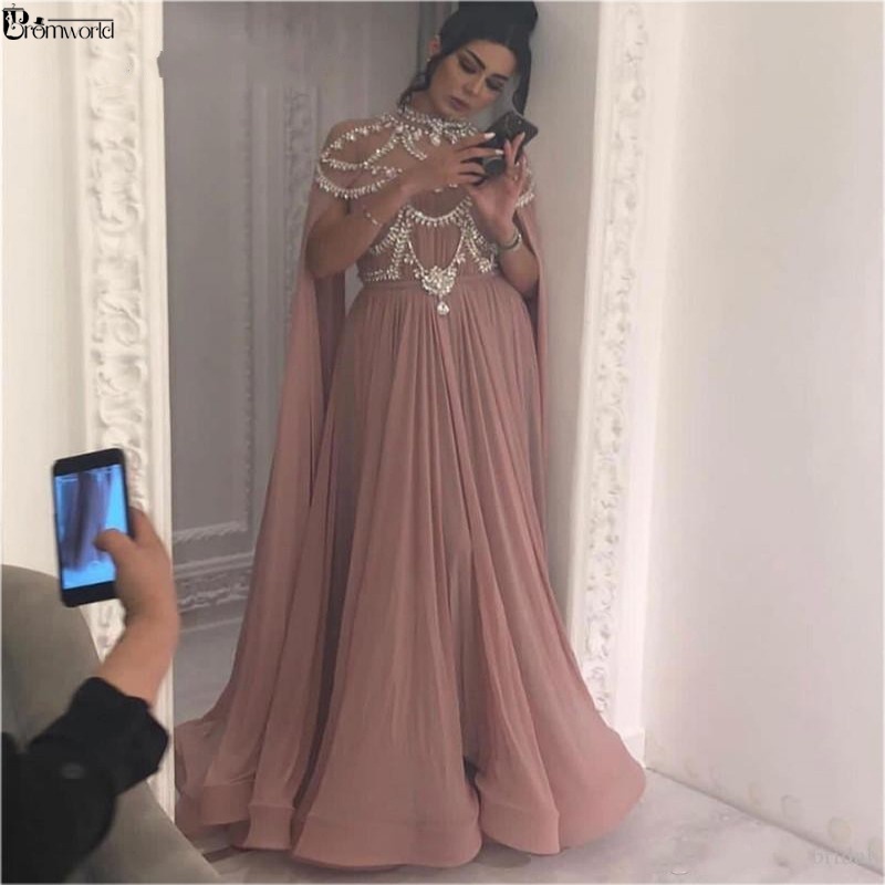 ABlush Pink Muslim Formal Evening Dress 2022 Illusion High Neck Crystal Chiffon Islamic Dubai Kaftan Arabic Long Evening