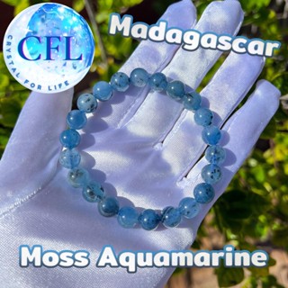 Moss Aquamarine /Black Aquamarine กำไลหินมอสอควอมารีน  สีน้ำเงิน ขนาดเม็ดหิน (7.5-9 มม.) สร้อยข้อมือหินแท้ หินนำโชค มงคล