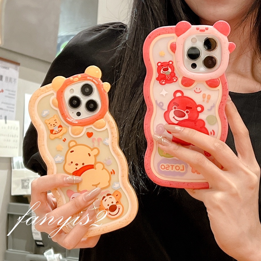 Hot Sale Compatible For iPhone 14 13 12 11 Pro Max 8 7 Plus X Xs SE2020 Xr Xs Max 6 6s Plus Cute Cartoon Winnie Bear Strawberry Little Monster Lens Wavy Edge Phone Case TPU Soft Back Cover