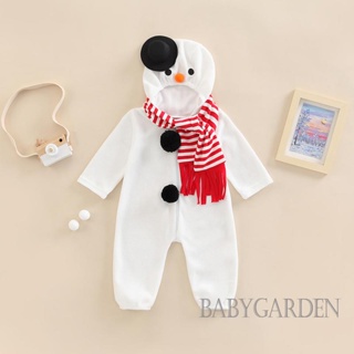 Babygarden-0-24 เดือน ชุดจั๊มสูทรอมเปอร์ แขนยาว มีฮู้ด ลายสโนว์แมน พร้อมผ้าพันคอ เครื่องแต่งกายคอสเพลย์ คริสต์มาส วันพีช สําหรับเด็กทุกเพศ