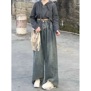 🌸 S-4XL กางเกงยีนส์ขนาดใหญ่เกาหลีรุ่น Retro หลวมสบายๆเอวสูงบางซิปตรงสุภาพสตรีกางเกงขากว้าง