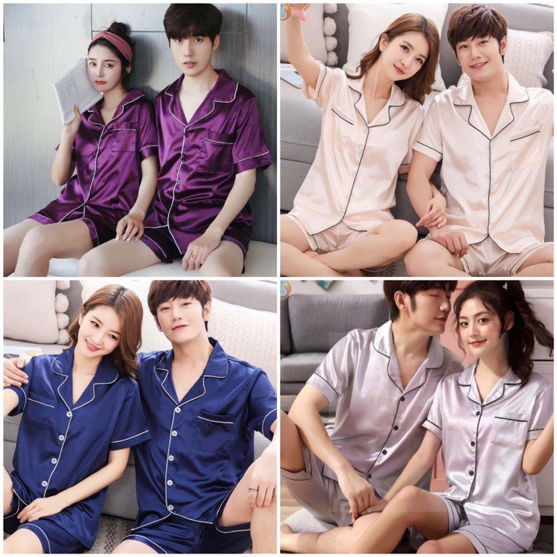 Por ชุดนอนผ้าซาตินขาสั้นแขนสั้น ชาย-หญิง สีพื้น มี 7 สี M-2XL ชุดนอนผู้หญิง ชุดนอนผู้ชาย #SS21