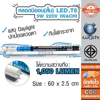 IWACHI ชุดรางนีออน รางนีออน หลอดนีออน หลอดสั้น หลอดแอลอีดี  LED T8 9W 220V แสงเดย์ไลท์