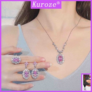 Kuroze หรูหรา สีชมพู เพชร สร้อยคอ ดอกซากุระ สีชมพู จี้แหวน ต่างหูยาว สร้อยข้อมือ อัญมณีสี