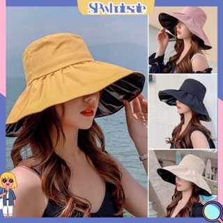 (SPwholesale) หมวกบักเก็ตไวนิล ป้องกันรังสียูวี พับได้ สีพื้น สไตล์ชาวประมง สําหรับผู้หญิง