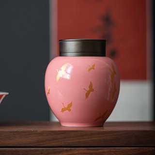 Pink Glaze Crane กระป๋องชาเซรามิค สองชั้น กันชื้น พร้อมฝาปิด อลูมิเนียม สําหรับครัวเรือน