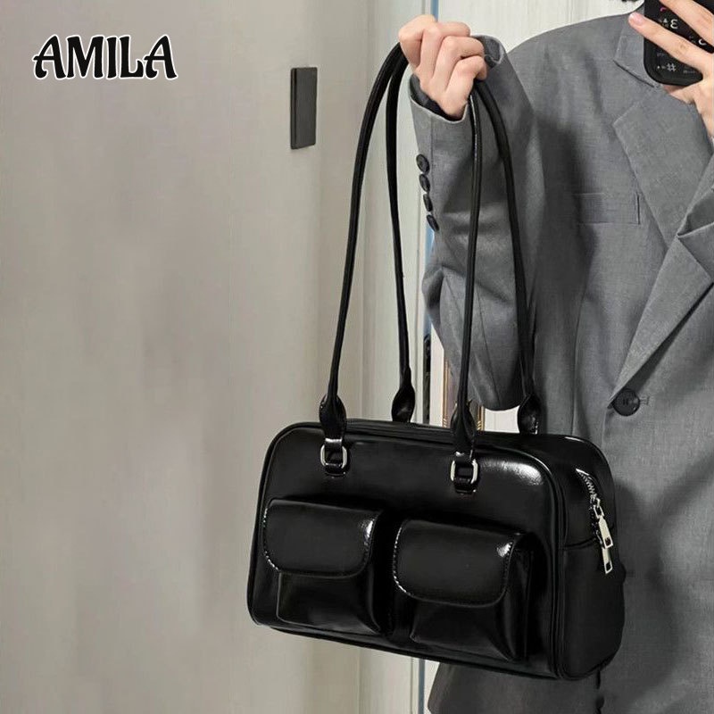 AMILA STANDOIL กระเป๋าสตรีเกาหลี Glossy Black สิทธิบัตรหนังไหล่กระเป๋า Retro Preppy สไตล์ความจุสูงวิทยาลัยนักเรียนพร็อพกระเป๋า