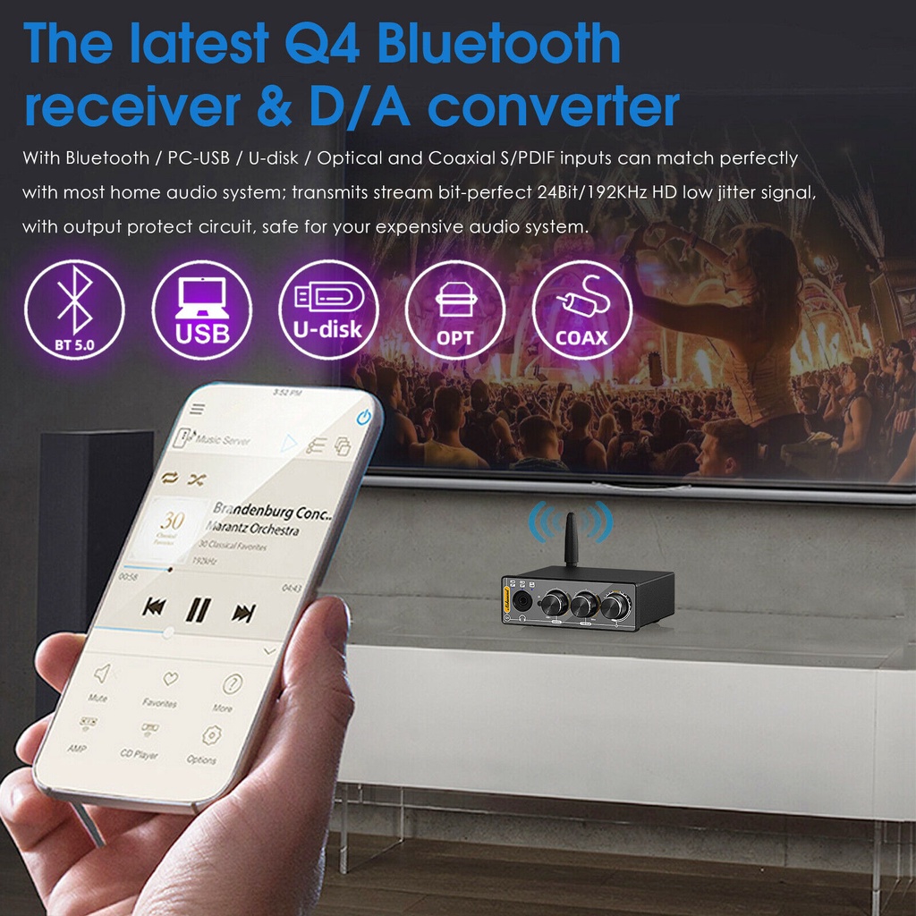 Nobsound Q4 อะแดปเตอร์แปลงเสียงสเตอริโอดิจิทัล บลูทูธ 5.0 USB DAC S/PDIF เป็นอนาล็อก 192K