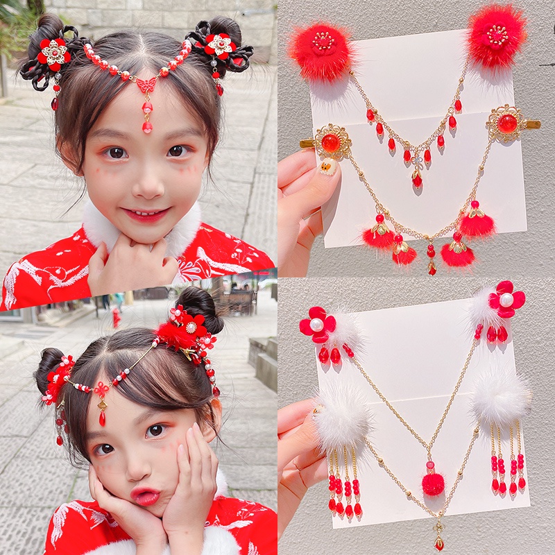 เครื่องประดับ กิ๊บติดผม แต่งสายโซ่ สีแดง สไตล์จีนโบราณ แฟชั่นฮั่นฝู สําหรับเด็กผู้หญิง
