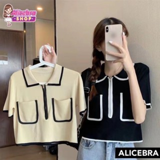 🌟𝗔𝗟𝗜𝗖𝗘𝗕𝗥𝗔🌟พร้อมส่ง2สี เสื้อไหมพรมคอปกหน้า ซิปหน้ารูดได้ น่ารักเซ็กซี่ สไตล์เกาหลี #8188