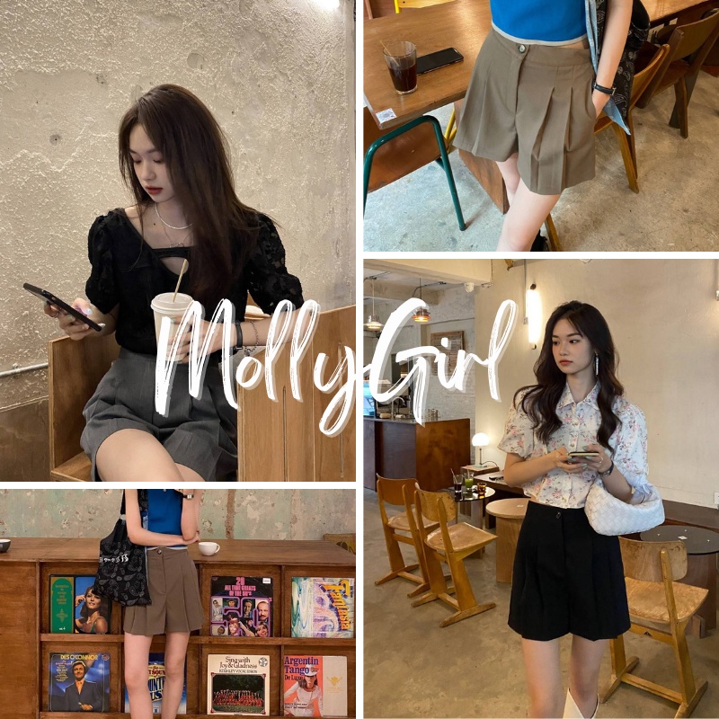 Mollygirl กางเกงขาสั้นจับจีบขาบาน น่ารักสไตล์เกาหลี เสื้อยืด
