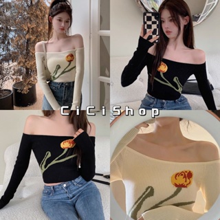 Cicishop(98116)เสื้อไหมพรมแขนยาว คอเหลี่ยมลายดอกทิวลิป น่ารักกกสไตล์เกาหลี