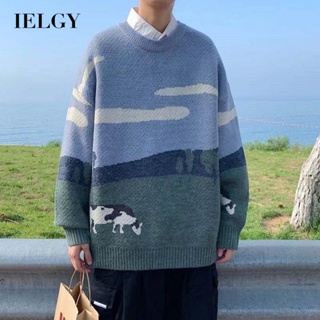 IELGY เสื้อกันหนาว คอกลม ผ้าถัก แบบหนา สไตล์ฮ่องกง สําหรับผู้ชาย