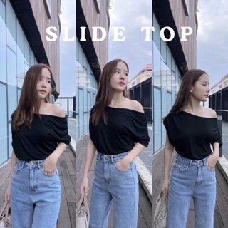 SLIDE TOP | เสื้อยืดแต่งปาดไหล่สีดำ