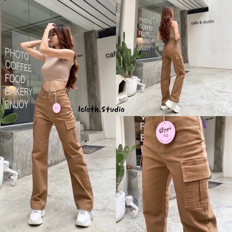 🤎 Chuu-5kg Cargo jeans Y2K🤍 กางเกงยีนส์ขากระบอก สไตล์คาร์โก ดีเทลกระเป๋าข้าง