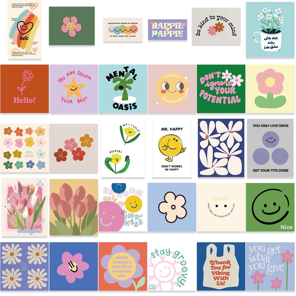 สติกเกอร์ PVC ลายดอกไม้และหน้ายิ้ม กันน้ํา สําหรับตกแต่งสมุดภาพ 90 ชิ้น