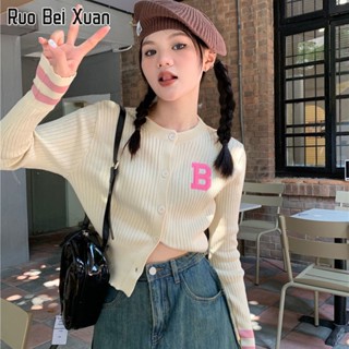 RUO BEI XUAN สตรีเสื้อคาร์ดิแกนถักแบบครอปสไตล์เกาหลีใหม่แฟชั่นสลิมแขนยาวเสื้อถัก