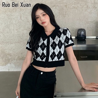 RUO BEI XUAN เสื้อถักสตรีสไตล์เกาหลีโปโลคอปกถักแขนสั้นด้านบน