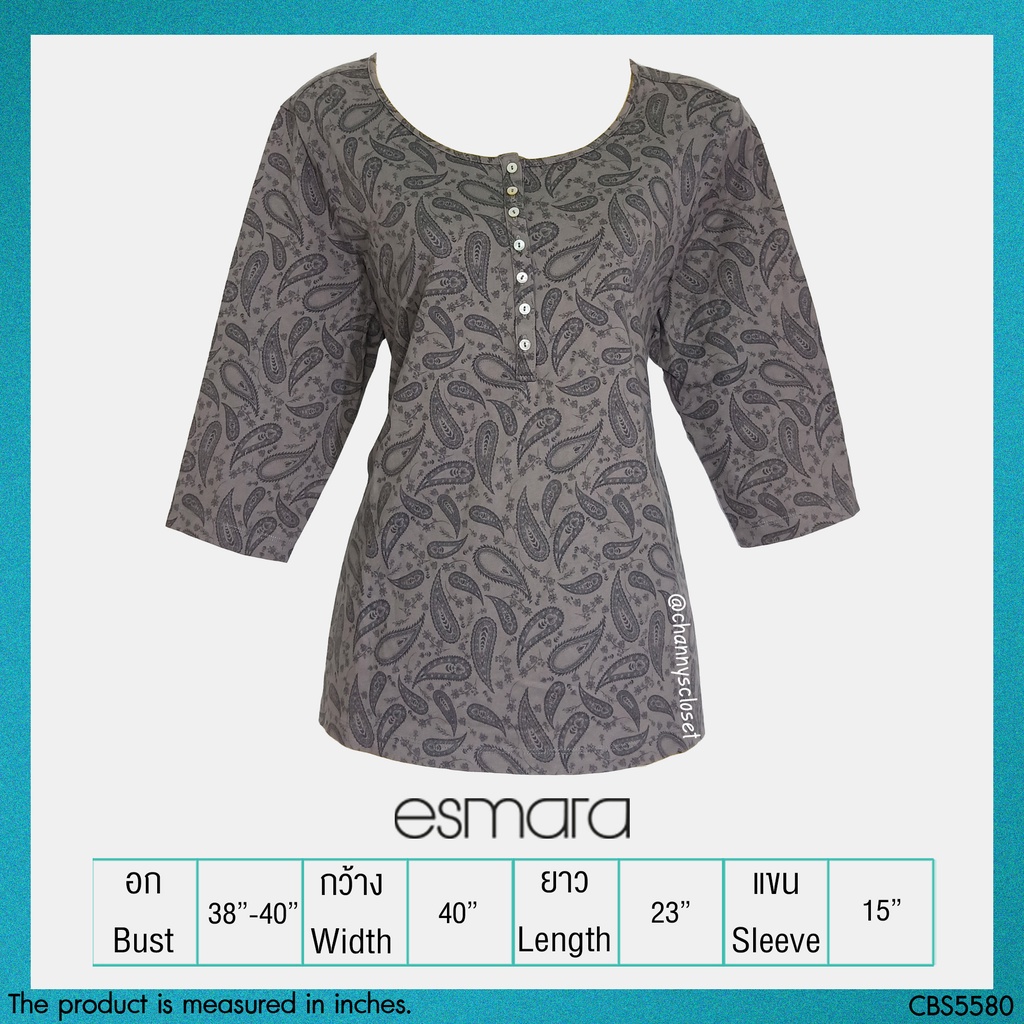 💖USED Esmara - Gray Paisley Floral Top | เสื้อแขนสั้นสีเทา สีดำ เสื้อแขนสี่ส่วน ลายดอก ลายลูกน้ำ คอกลม สาวอวบ แท้ มือสอง